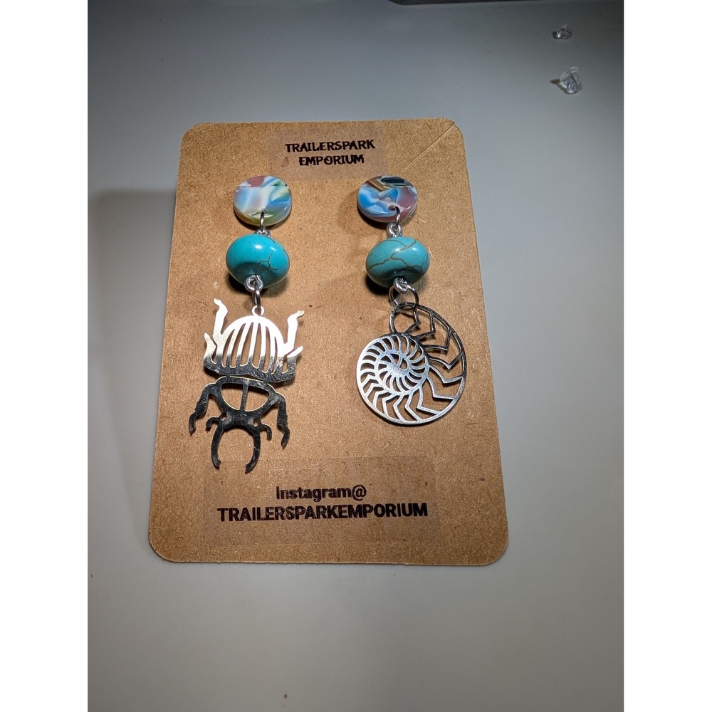 Trailerspark Emporium Mismatch Beetle Nautilus Earrings Stainless Steel Nickel